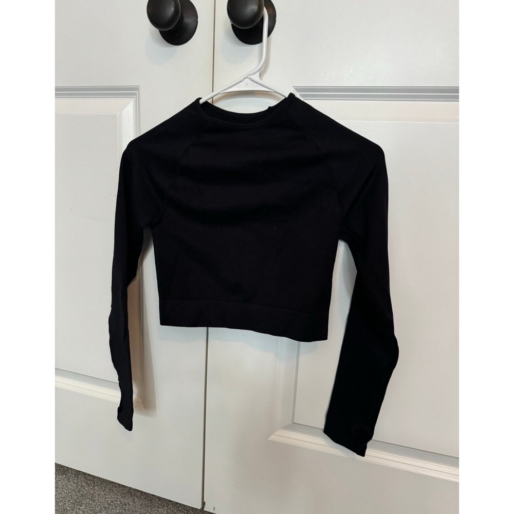Muscle Bomb Women Black Seamless Long Sleeve Crop Top Athletic Gym Shirt Small
